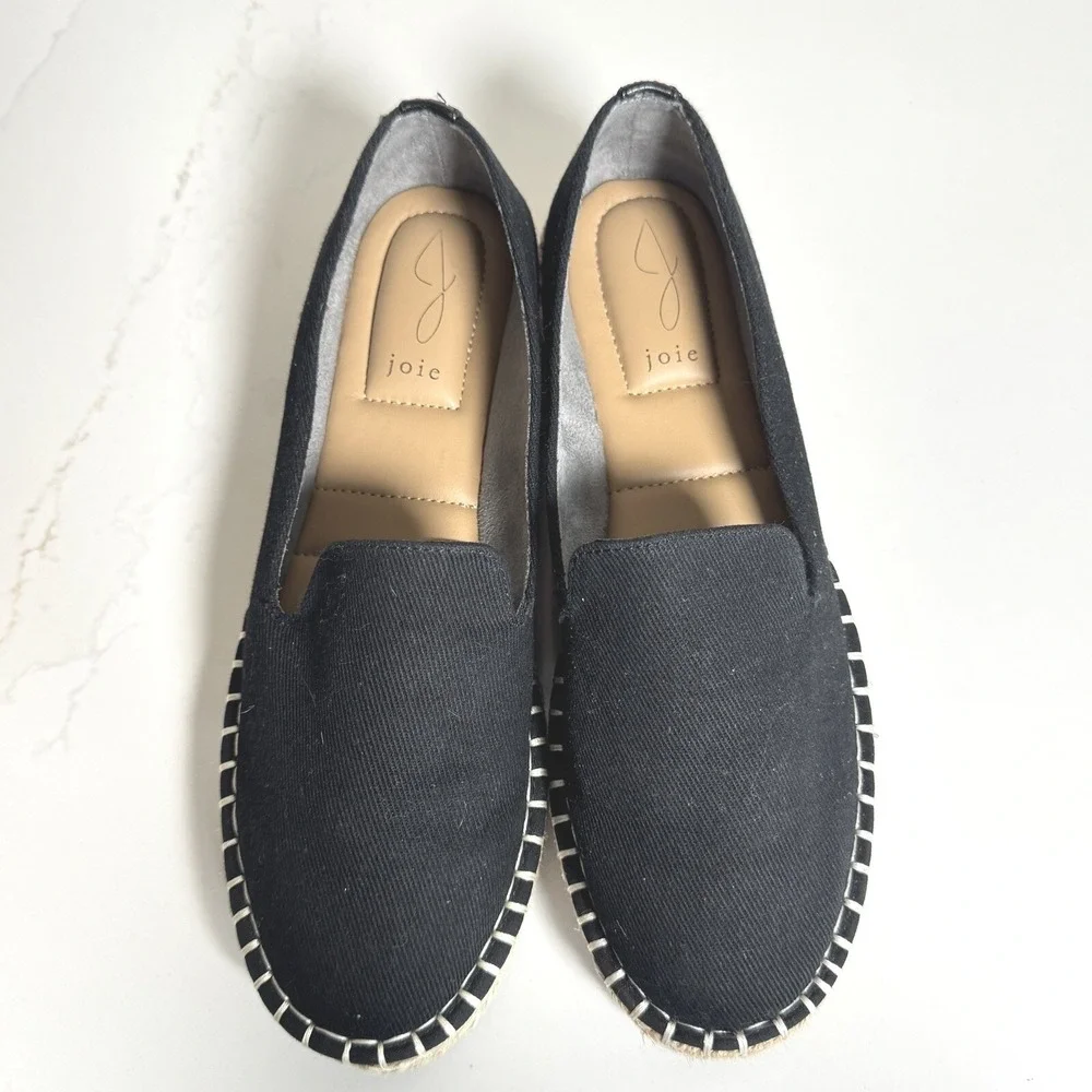 Joie Cara Espadrille Flats Women 7.5 Black Canvas Jute Slip On Shoes‎